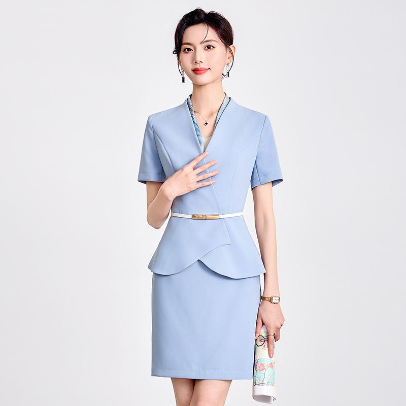 スーツ レディース 女性用 セットアップ 上下セット 半袖 春夏 ジャケット スカート パンツ 制服 ホテル 受付 美容院 薄手 涼しい ストレッチ 高級感 ポリエステル ネイビー ブラック ライトブルー