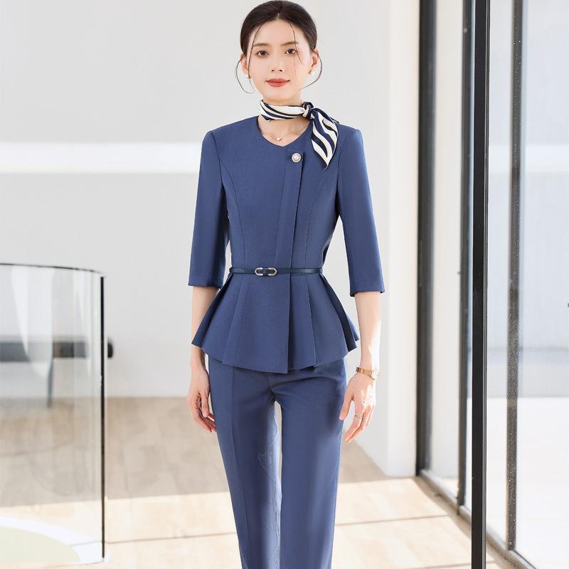 スーツ レディース 春夏 セットアップ 事務 ワーク ユニフォーム 半袖 九分丈 パンツ スカート ビジネス 通勤 オフィス 受付 接客 美容院 スリム ストレッチ 清潔感 上品 スカイブルー 紺 ニュアンスカラー