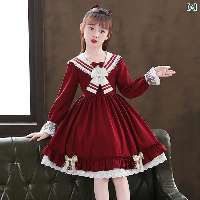 ワンピース 女の子 ロリータ ドレス プリンセス リボン 長袖 無地 コットン 綿 ヴィンテージ風 かわいい おしゃれ 春秋 通学 発表会 お出かけ 子供服 キッズ ジュニア レッド ピンク Aライン スカート フレア