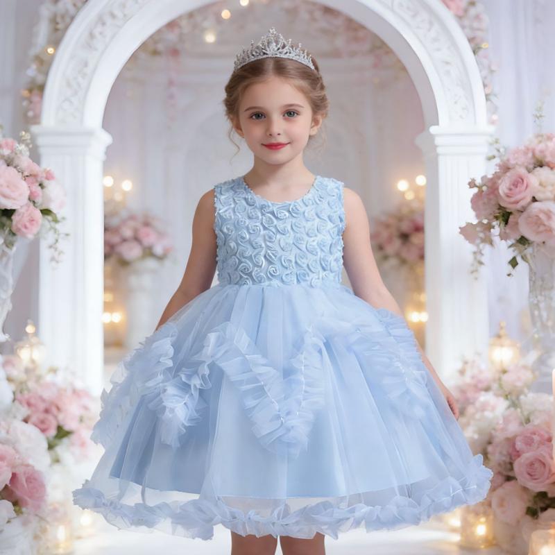 ワンピース 女の子 プリンセス ドレス フォーマル 子供服 キッズ フラワー チュチュ ふんわり 結婚式 発表会 パーティー ノースリーブ 裏地綿 かわいい おしゃれ オールシーズン ポリエステル 紫 ピンク 白 膝丈 フレア Aライン