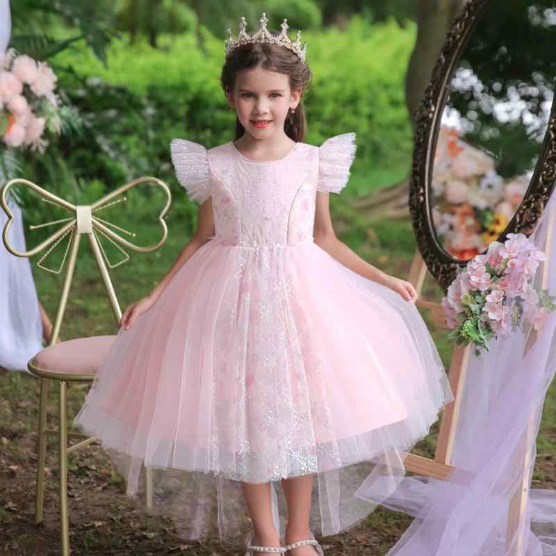 ドレス 女の子 キッズ 子供 誕生日 結婚式 発表会 プリンセス ふんわり パニエ ロング フィッシュテール おしゃれ フォーマル 高級感 かわいい チュール ポリエステル コットン 綿 ピンク パープル ブルー オールシーズン レース
