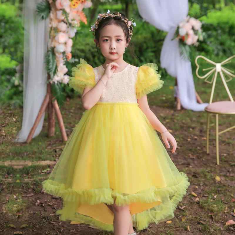 ワンピース ドレス 女の子 子供用 フォーマル 発表会 結婚式 誕生日 ピアノ 演奏会 フラワーガール プリンセス ふんわり かわいい チュール サテン トレーン ロングテール 高級感 オールシーズン スカイブルー ダークブルー イエロー
