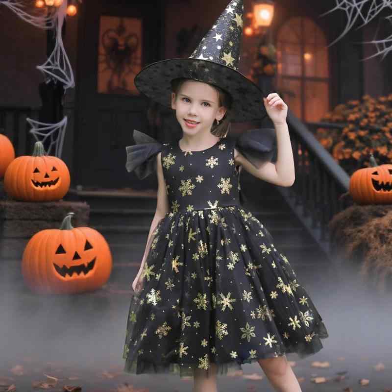 プリンセスドレス 女の子 ハロウィン コスプレ 仮装 子供 キッズ 魔女 ウィッチ 雪の結晶 ワンピース 発表会 ステージ衣装 演出服 サテン 綿混 レッド パープル ブラック オールシーズン 高級感 かわいい