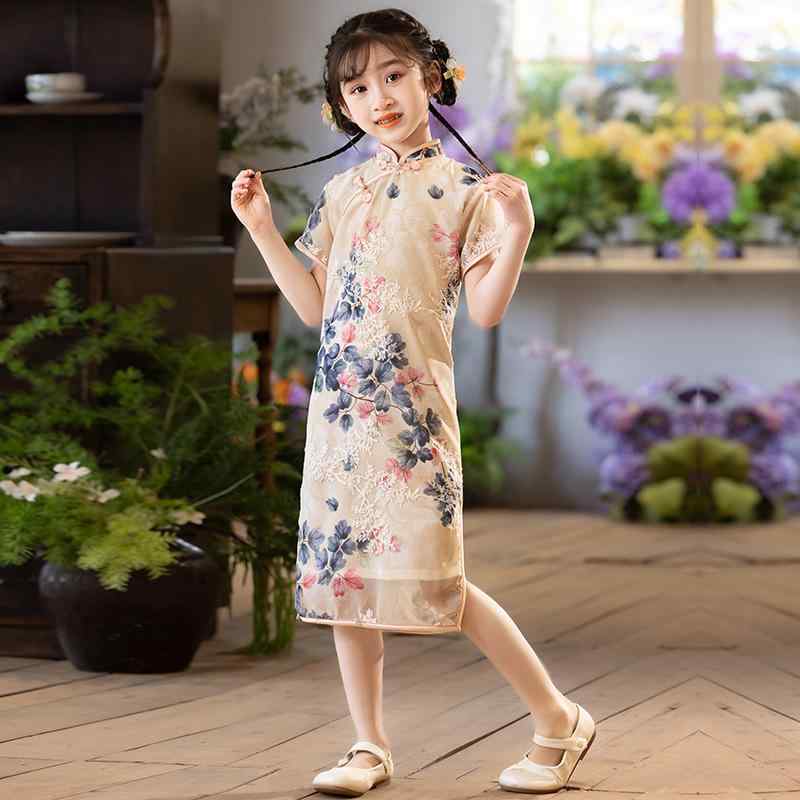 チャイナドレス 女の子 子供服 キッズ 春夏 ワンピース 中国スタイル 民族衣装 レトロ プリンセスライン 発表会 舞台衣装 フォーマル 花柄 フラワー モダン おしゃれ ポリエステル素材 快適 120-160cm