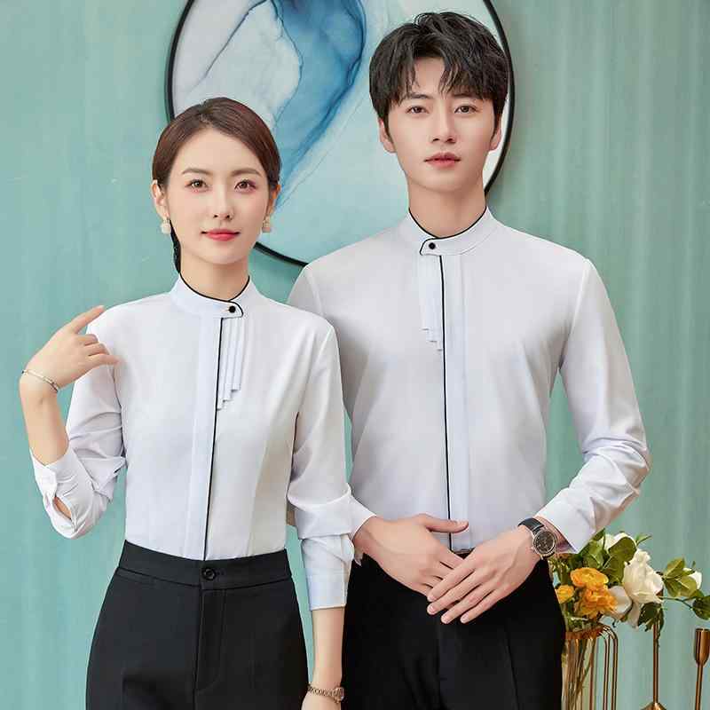 シャツ レディース メンズ セットアップ スタンドカラー 立襟 チャイナ風 ブラウス 長袖 上品 制服 ホテル レストラン 飲食店 ユニフォーム スリム 無地 ボタン 伸縮性 ストレッチ 高級感 秋冬 ホワイト ブルー ブラック