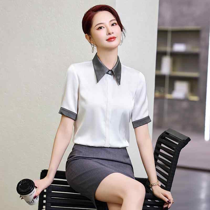 ブラウス レディース シャツ セットアップ スカート 半袖 シフォン トップス 配色 スクエアカラー 事務服 オフィス 通勤 春夏 高級感 かわいい エレガント ホワイト アプリコット 大きいサイズ ボタン