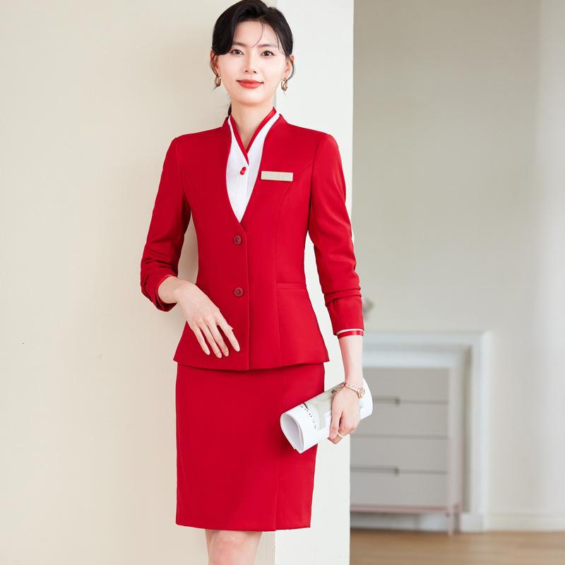 セットアップ レディース スーツ 事務服 ジャケット パンツ スカート 長袖 通勤 接客 受付用 オフィス きれいめ 高級感 エレガント ホテル 美容院 秋冬 ポリエステル 大きいサイズ レッド ブルー グレー