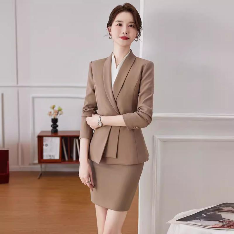 セットアップ レディース スーツ テーラードジャケット パンツ スカート 事務服 制服 仕事用 通勤 接客 フォーマル 長袖 ポリエステル 春秋 エレガント 高級感 ブラック ダークブルー ブラウン