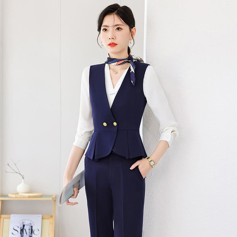 セットアップ レディース 事務服 ユニフォーム ベスト ジレ パンツ スカート スーツ シャツ ビジネス 接客 受付 フォーマル Vネック ボタン スリム ストレッチ ポリエステル ネイビー ブラック レッド 秋冬