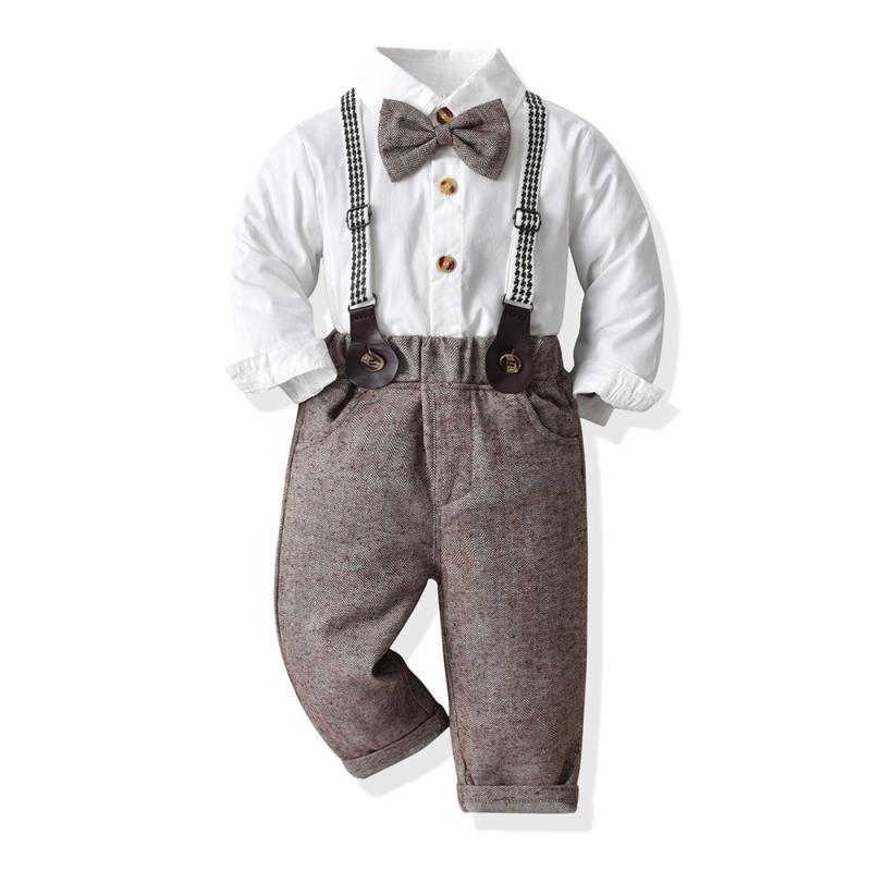 セットアップ 男の子 キッズ ベビー フォーマル 礼服 紳士風 2点セット 白シャツ サスペンダーパンツ 長ズボン 蝶ネクタイ 綿 コットン 春秋 結婚式 発表会 七五三 ボタン 英国風 かわいい おしゃれ ホワイト 白 1歳 柔らかい