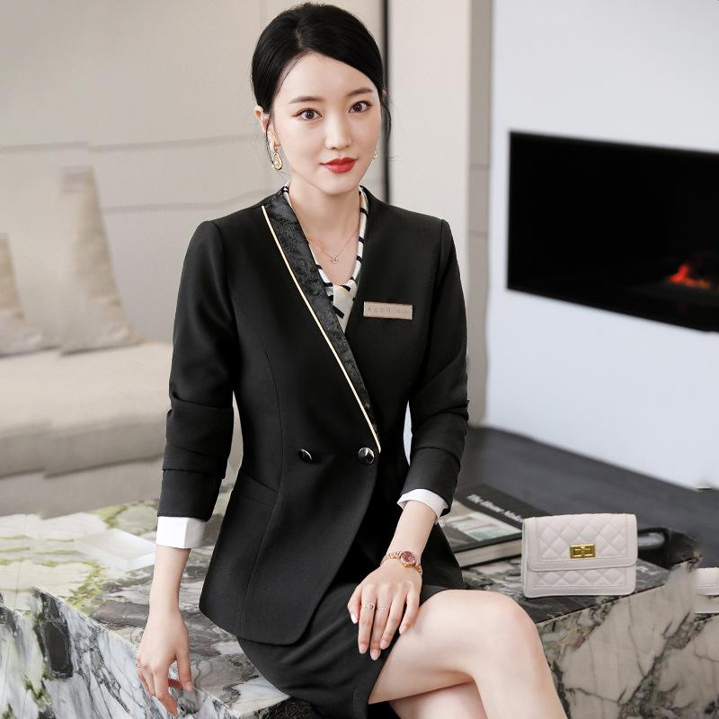 セットアップ レディース 秋冬 長袖 事務服 制服 ビジネススーツ スカート パンツ テーラードジャケット 受付 ホテル 美容院 ユニフォーム ブラック ブルー パープル ポリエステル ストレッチ 高級感 ボタン 大きいサイズ 冠婚葬祭