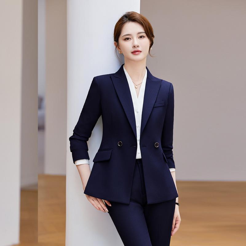 スーツセット レディース 秋冬 ジャケット パンツ スカート 長袖 3点 ビジネス 通勤 オフィス フォーマル 事務服 ユニフォーム ホテル マネージャー エレガント 上品 高級感 ポリエステル ブラック グレー ブルー