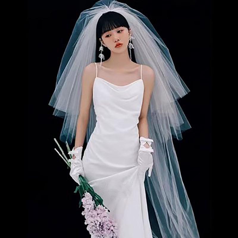 ウェディングベール レディース ヘッドドレス 髪飾り 結婚式 ブライダル 前撮り ロング 多層 ボリューム ふんわり ヘアコーム レトロ ヴィンテージ風 エレガント フェミニン 布製 チュール ホワイト 春夏