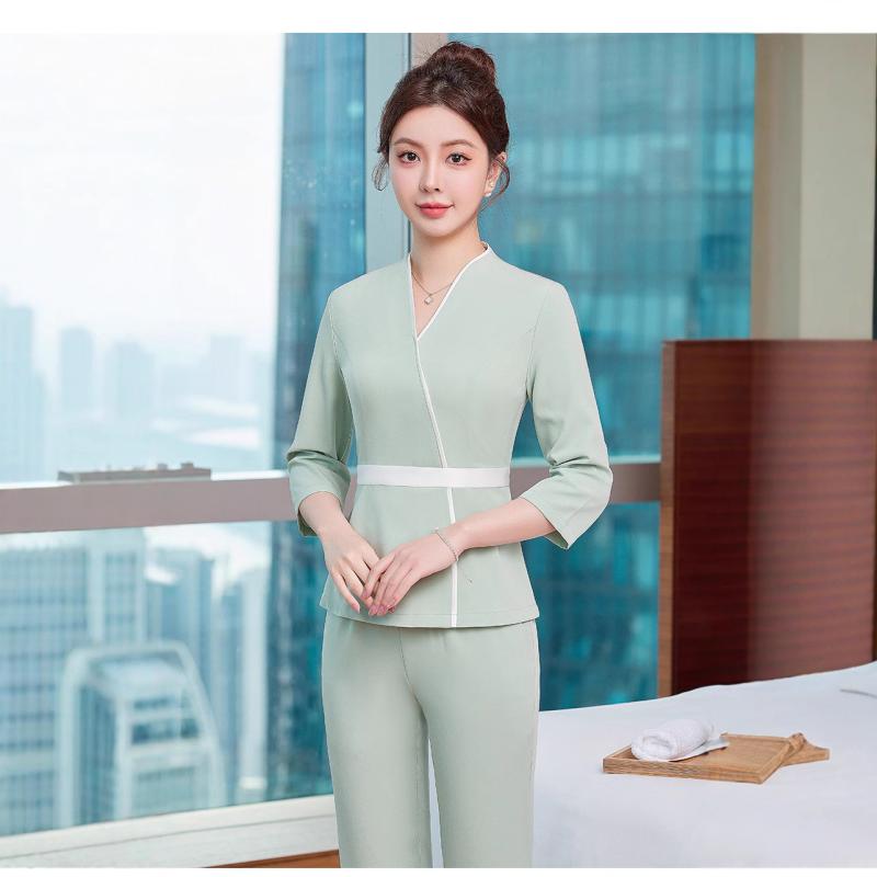 制服 レディース 春夏 セットアップ エステサロン 美容師 ユニフォーム ワークウェア リラクゼーション 施術着 ピンク グリーン ブルー ポリエステル 伸縮性 配色 カジュアル 快適 高級感