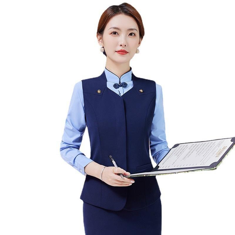 セットアップ レディース 春夏 ベスト チョッキ ジレ 事務服 ホテル 接客 スカート パンツ ビジネス スーツ フォーマル Vネック ボタン ポリエステル スパンデックス ストレッチ 大きいサイズ ブラック ブルー レッド 高級感 きれいめ