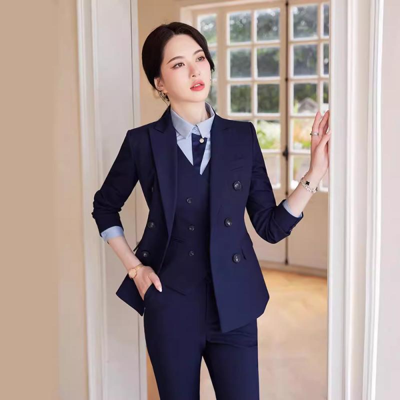 セットアップ レディース スーツ 秋冬 テーラードジャケット スラックス 膝丈スカート ベスト 事務服 ビジネス ホテル スリム 立体裁断 ボタン 通勤 ポリエステル ブルー ダークグレー ブラック
