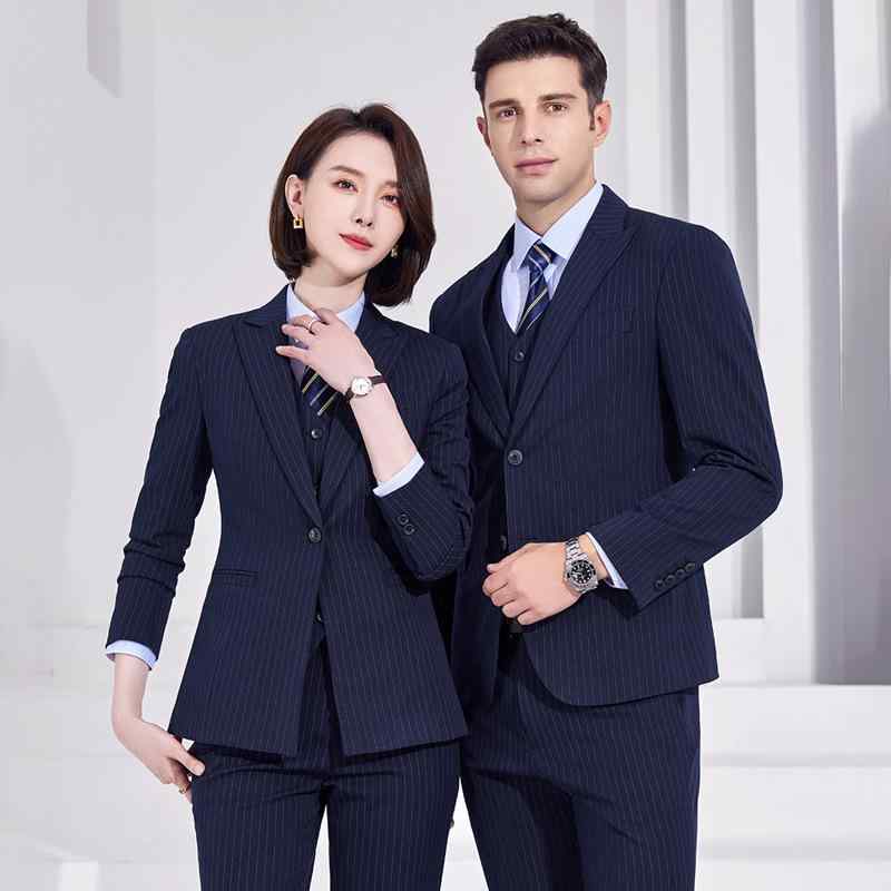 セットアップ メンズ レディース スーツ ジャケット ベスト パンツ ストライプ柄 縞模様 ビジネス フォーマル 事務服 オフィス 通勤 高級感 エレガント 上品 長袖 秋冬 ポリエステル ブルー 紺|フロントップ店