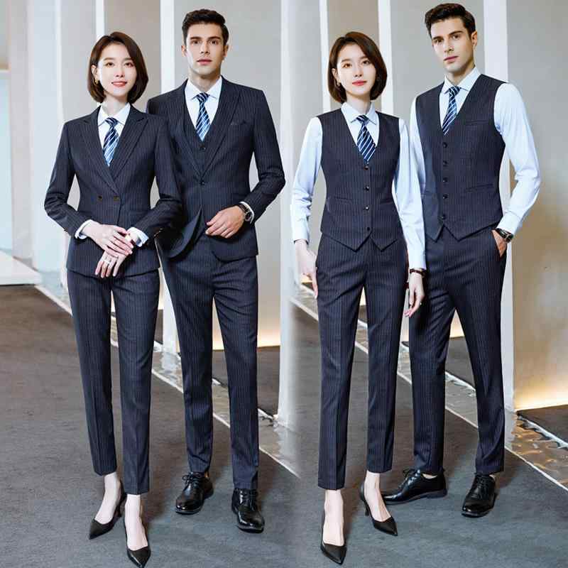 スーツ メンズ レディース 秋冬 セットアップ ストライプ テーラードジャケット パンツ スカート 上下セット 事務服 ビジネス 通勤 銀行員 営業 事務員 長袖 高級感 ポリエステル レーヨン 大きいサイズ ブルー グレー