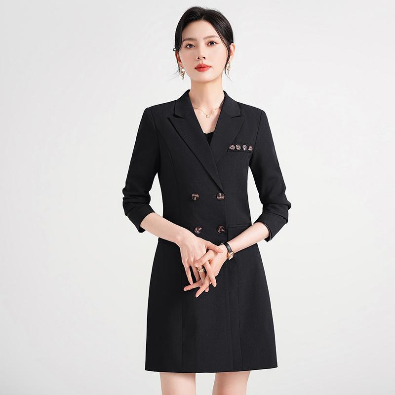 ワンピース レディース スーツ風 ダブル テーラードカラー 事務服 制服 仕事着 通勤 オフィス フォーマル スリム 細見え Aライン ミモレ丈 長袖 無地 ポリエステル ネイビー グレー ブラック 秋冬 ボタン