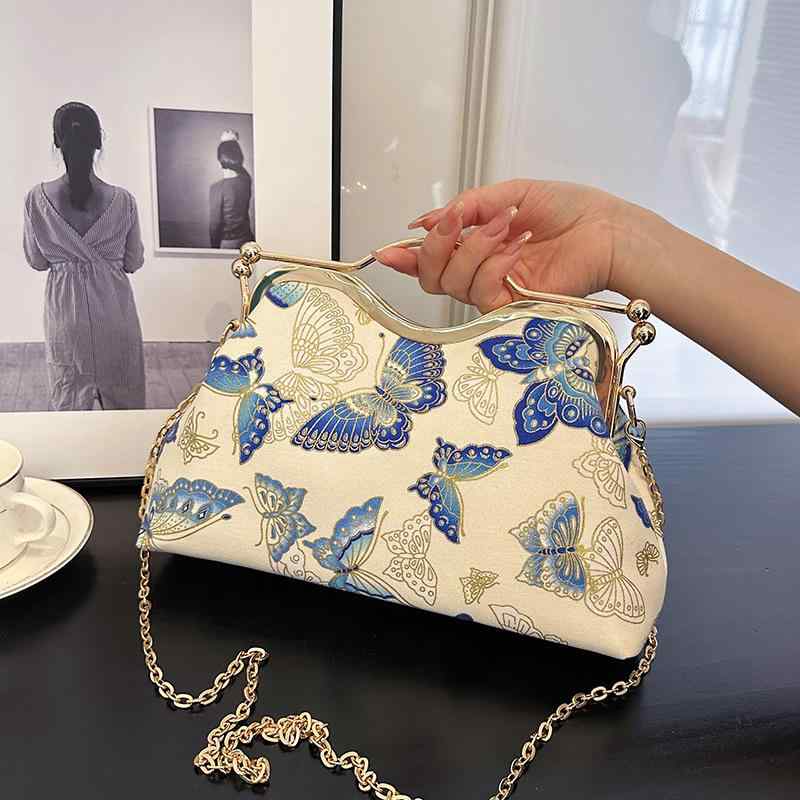 ハンドバッグ レディース パーティー用 クラッチ 鞄 手提げ 刺繍 花柄 蝶 貝殻型 がま口 チェーン 斜め掛け 高級感 チャイナ風 ビジュー レトロ 結婚式 二次会 お呼ばれ 春夏 グレー ピンク ホワイト