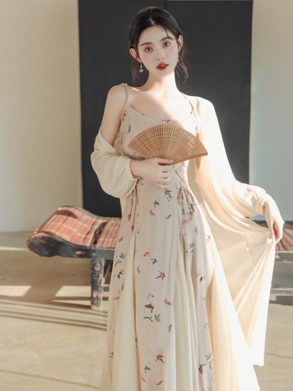 ワンピース レディース アンサンブル セットアップ キャミソール カーディガン 春夏 チャイナ風 モダン オリエンタル レトロ 総柄 プリント 高級感 エレガント ロング丈 マキシ ハイウエスト 体型カバー