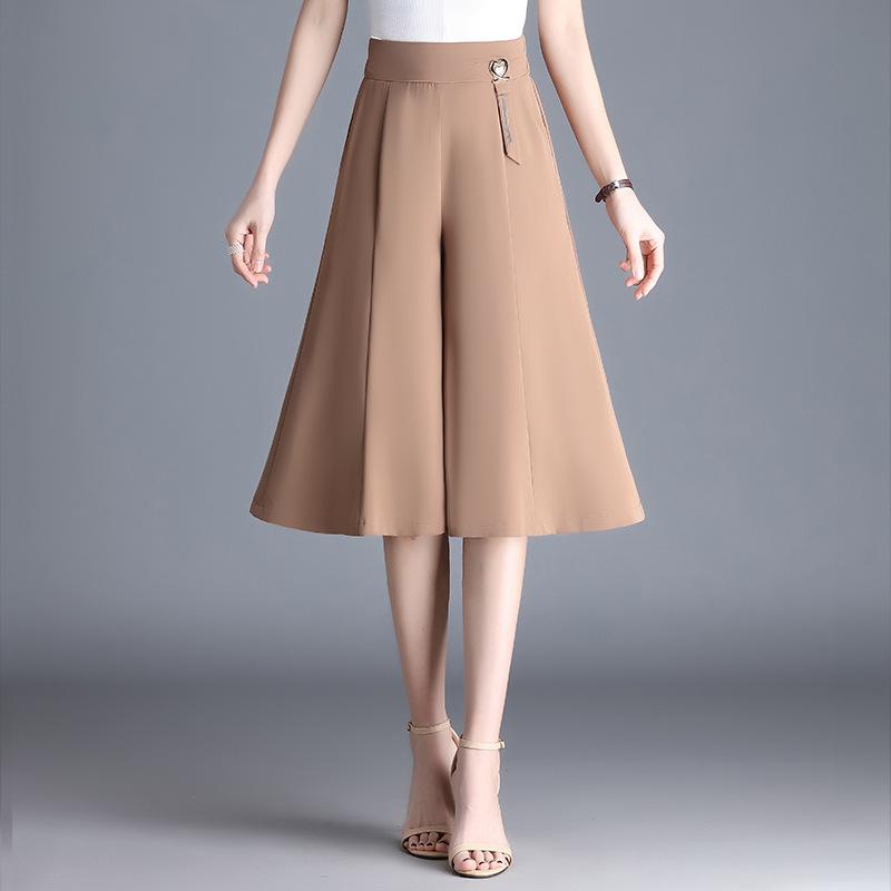 ワイドパンツ レディース 春夏 快適 ガウチョパンツ スカーチョ キュロット 七分丈 クロップド丈 ハイウエスト 涼しい 薄手 軽量 落ち感 とろみ素材 大きいサイズ ゆったり 細見え 着痩せ 体型カバー 普段使い 通勤 カジュアル ブラック カーキ