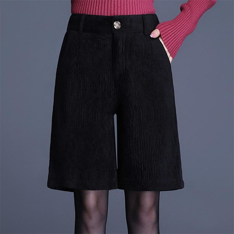ハーフパンツ レディース 秋冬 コーデュロイ 5分丈 ハイウエスト ワイド Aライン ゆったり 膝丈 カジュアル 普段使い 通勤 韓国 ショート丈 膝上 ボトムス 半ズボン 無地 厚手 コットン 綿 暖か あったか 柔らかい 着痩せ 細見え ブラック