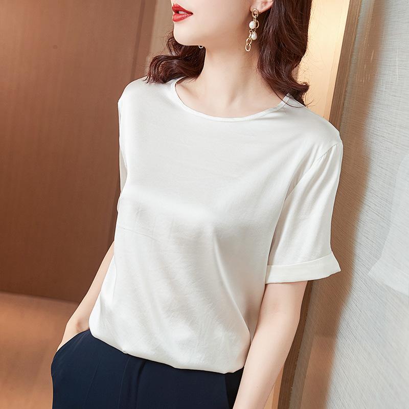 Tシャツ レディース 春夏 半袖 アセテート繊維 サテン 光沢感 クルーネック 丸首 ゆったり トップス インナー スーツインナー 通勤 オフィス カジュアル きれいめ 高級感 ホワイト ピンク ネイビー|フロントップ店