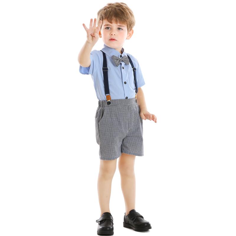 セットアップ 男の子 子供 スーツ 英国 欧米 ヴィンテージ風 半袖 シャツ サスペンダー ハーフパンツ 綿 コットン 蝶ネクタイ ボタン フォーマル 結婚式 発表会 春夏 柔らかい ホワイト ブルー ネイビー
