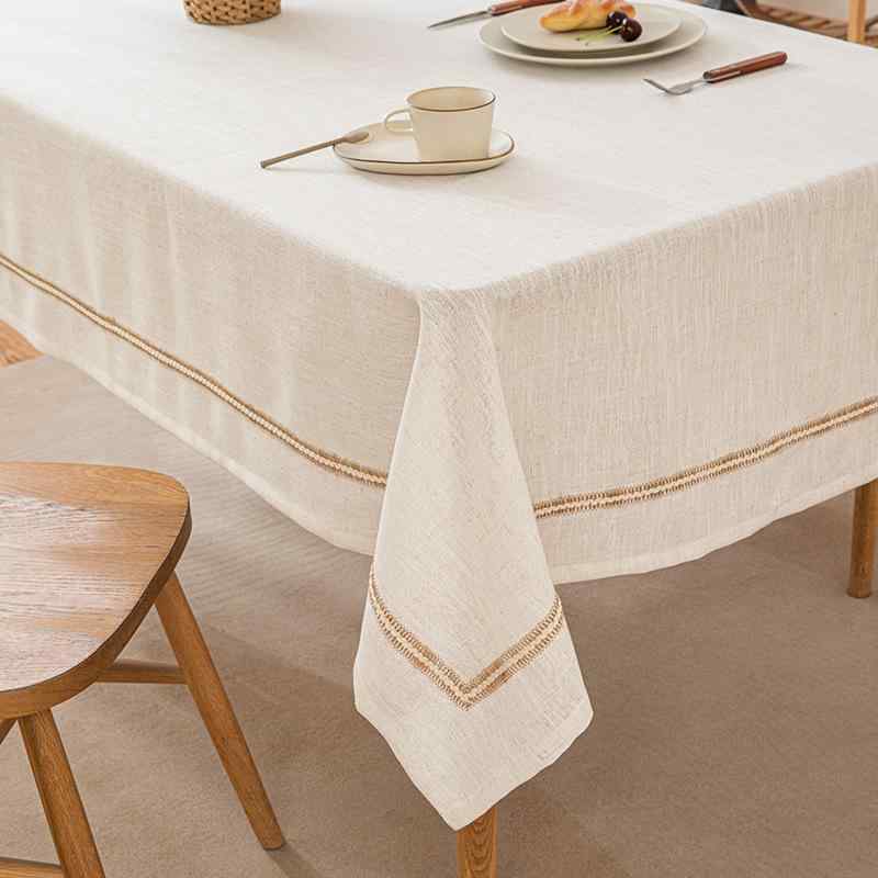 テーブルクロス 長方形 和風 リネン混 オフホワイト 麻紐 レース リビング 机 食卓 防塵 シンプル ナチュラル 敷物 マルチカバー インテリア おしゃれ 汚れ防止 ポリエステル
