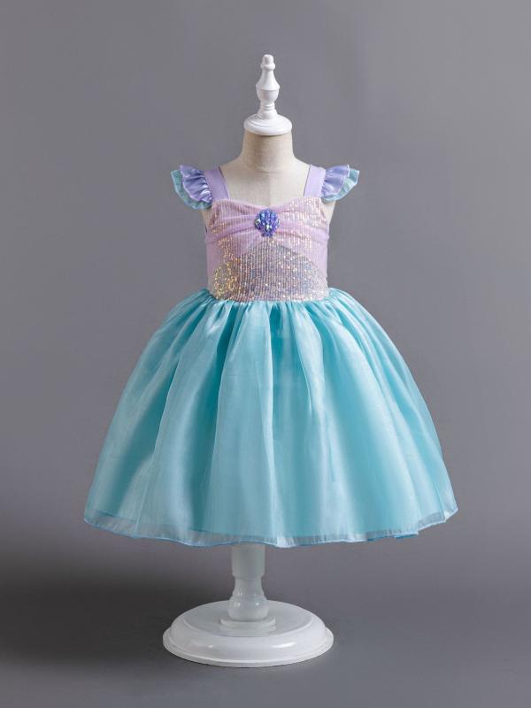 ワンピース 女の子 キッズ プリンセスドレス マーメイド 人魚 発表会 パーティー 結婚式 舞台衣装 キャミソール フリル袖 スカイブルー ポリエステル 高級感 かわいい オールシーズン 柔らかい