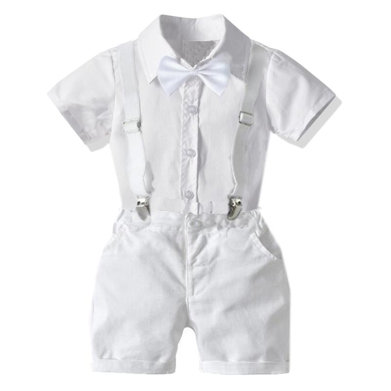 セットアップ 男の子 夏 半袖 ハーフパンツ 白 ホワイト 綿 コットン フォーマルスーツ 礼服 紳士風 欧米風 結婚式 発表会 洗礼式 ステージ衣装 セレモニー 冠婚葬祭 かわいい サスペンダー ボタン キッズ 幼児服 子供服 柔らかい 通気性 軽量