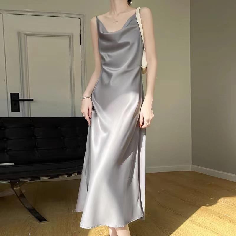 ワンピース レディース ロング丈 アセテート繊維 サテン ドレープネック Aライン ハイウエスト キャミソール ノースリーブ 春夏 シルバーグレー シャンパン パープル かわいい 上品 パーティー 結婚式 二次会 チュール