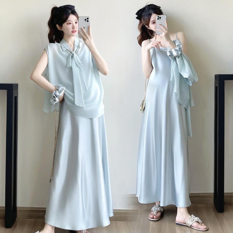 セットアップ レディース マタニティ 妊婦服 春夏 キャミソールワンピース トップス アセテート繊維 サテン 光沢 高級感 ノースリーブ ミモレ丈 ロング 通勤 オフィス 普段使い きれいめ 上品 清楚 黒 ピンク ライトブルー