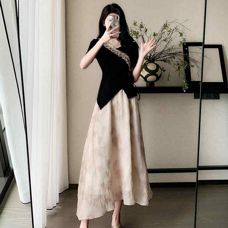 セットアップ レディース ロングワンピース ドレス チャイナ風 中華風 2点セット 春夏 マキシ丈 Aライン Vネック ハイウエスト フリル 花柄 ボタニカル レトロ ヴィンテージ風 エレガント 上品 きれいめ 普段使い お呼ばれ ポリエステル 高級感