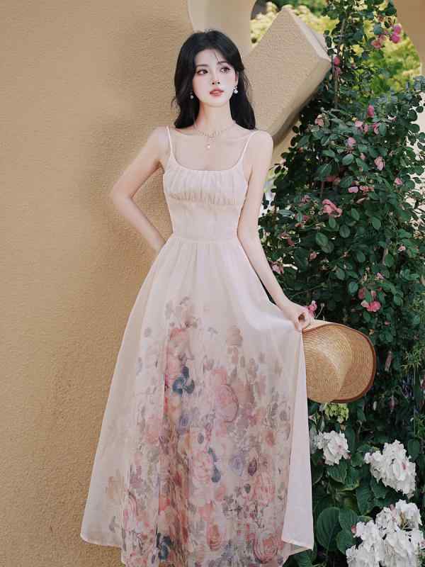 ワンピース レディース 春夏 フレンチスタイル 花柄 キャミソール ロング丈 桔梗柄 エレガント フェミニン 清楚 きれいめ リゾート お出かけ カジュアル Aライン フレア ハイウエスト 細見え 涼しい 快適 裏地 ドレス