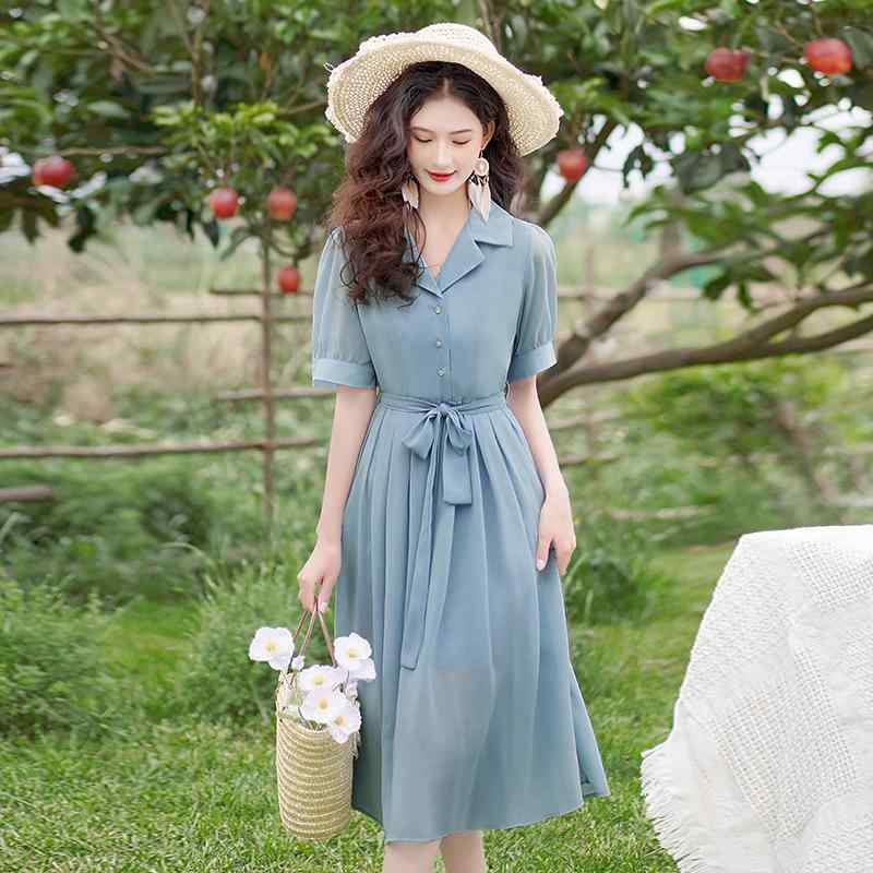シャツワンピース レディース 春夏 半袖 シフォン ブルー スカイブルー フレンチ 無地 ミモレ丈 パフスリーブ リボン ウエストマーク ハイウエスト 裏地 きれいめ 上品 フェミニン 大人 普段使い お出かけ