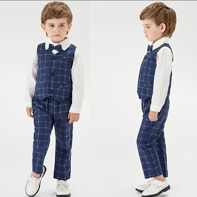 スーツ 男の子 子供服 3点セット ベスト 長袖シャツ 長ズボン チェック柄 ストライプ 無地 綿 コットン 柔らかい 蝶ネクタイ フォーマル 結婚式 発表会 1歳 誕生日 英国風 ネイビー ライトブルー 春夏