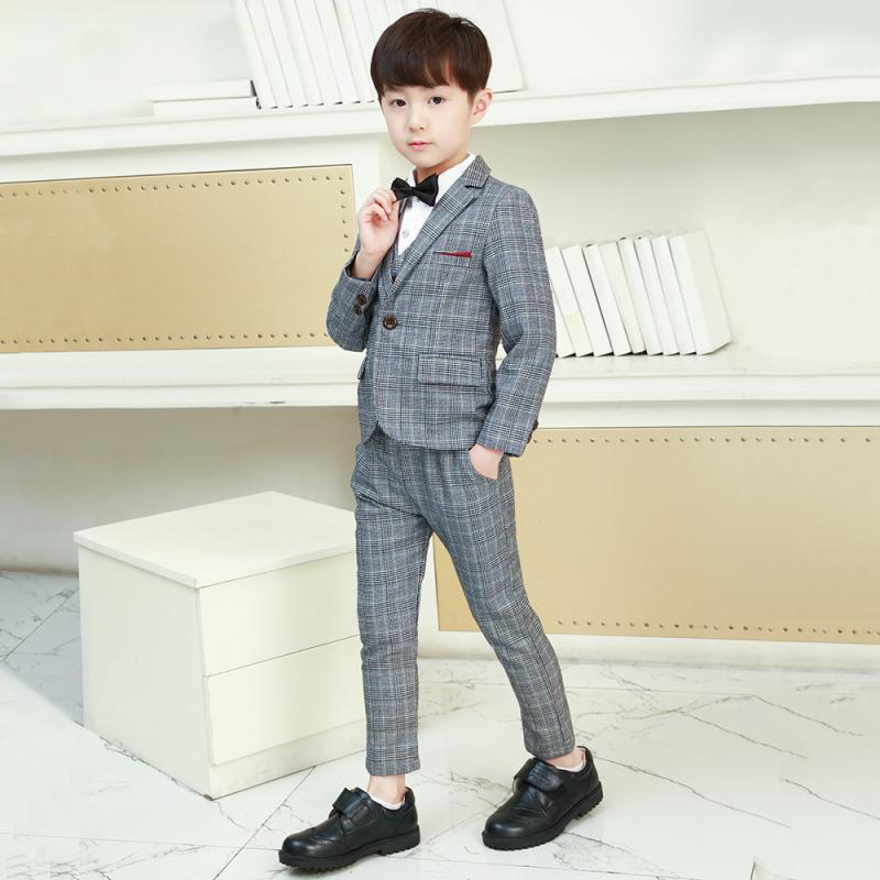 スーツ 男の子 子供 結婚式 発表会 卒園式 フォーマル 礼服 チェック柄 裏起毛 暖かい 秋冬 韓国 長袖 ジャケット ロングパンツ スラックス 上下セット セットアップ コットン混 ボタン シャツ グレー ブラック
