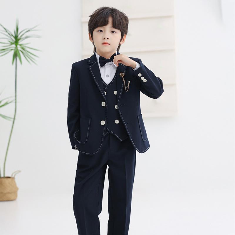 スーツ 男の子 子供用 セットアップ 礼服 男児 フォーマル 英国風 かっこいい 結婚式 発表会 入学式 秋冬 ジャケット ベスト パンツ ボタン ネイビー ブルー 無地 柔らかい 伸縮性 上下セット 通気性 高級感