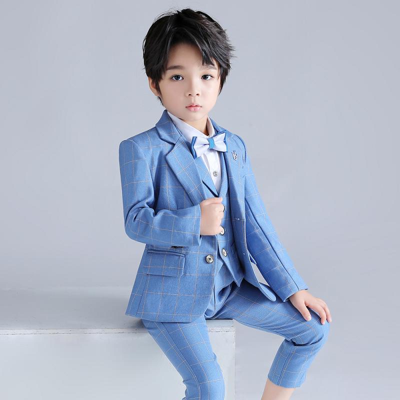 スーツ 男の子 キッズ セットアップ フォーマル 礼服 結婚式 発表会 七五三 英国風 ブリティッシュ チェック 格子柄 ライトカラー オールシーズン 長袖 ジャケット パンツ ベスト シャツ 蝶ネクタイ ソフト ポリエステル ボタン かっこいい かわい