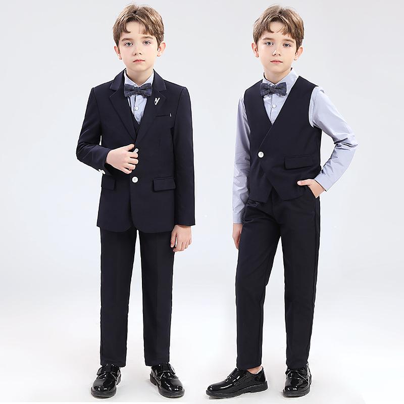 スーツ 男の子 キッズ フォーマル セットアップ 子供服 イギリス風 礼服 結婚式 発表会 ピアノ ジャケット ベスト パンツ 蝶ネクタイ シングル ボタン 無地 春秋 高級感 ポリエステル 90cm-170cm