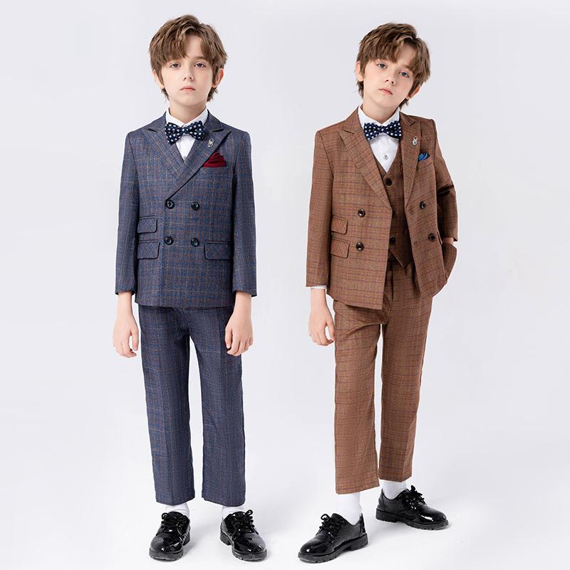 スーツ 男の子 キッズ 子供服 英国風 ブリティッシュ チェック柄 セットアップ フォーマル 紳士 ジャケット パンツ ボタン 結婚式 発表会 卒業式 正装 冠婚葬祭 ブルー イエロー 秋冬 長袖 高級感 ポリエステル