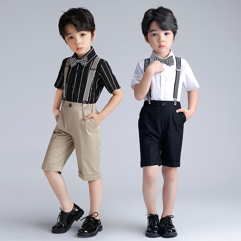セットアップ 男の子 キッズ スーツ 春夏 半袖シャツ サスペンダー ハーフパンツ フォーマル ストライプ 綿 コットン 発表会 演奏会 結婚式 韓国 英国風 かっこいい ホワイト ブラック ブルー ボタン