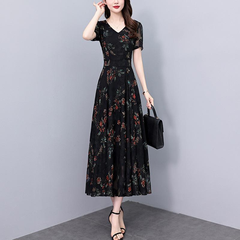 ワンピース レディース 春夏 シフォン 花柄 フラワー マキシ丈 ロング 大きいサイズ ゆったり 体型カバー 着痩せ ウエストマーク 脚長効果 Vネック 半袖 Aライン プリント カジュアル 黒 デイリー お出かけ リゾート