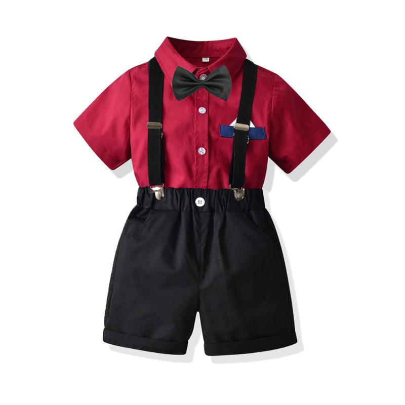 セットアップ 男の子 子供服 男児 半袖 シャツ トップス ハーフパンツ 半ズボン サスペンダー ワインレッド ブラック 綿 コットン フォーマル スーツ 紳士風 誕生日 発表会 結婚式 正装 春夏 韓国 通気性