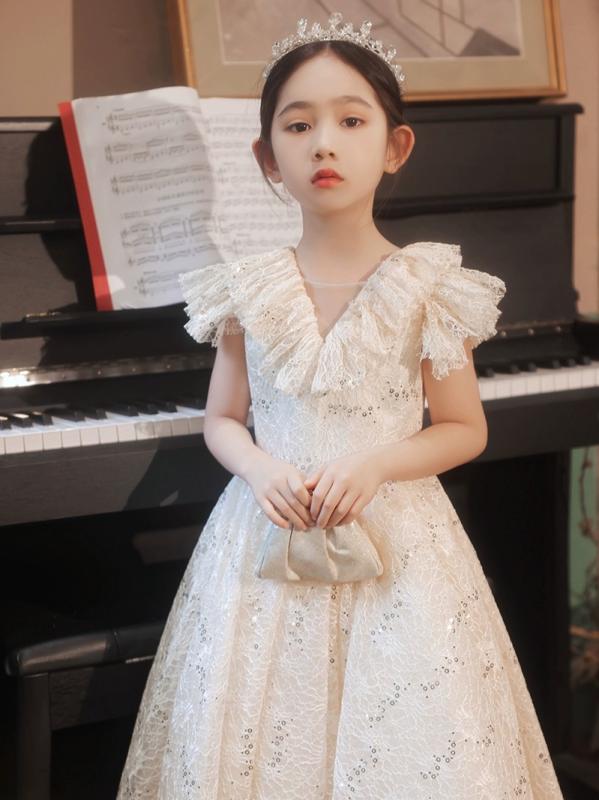ドレス 女の子 子供用 キッズ プリンセス ワンピース フォーマル 結婚式 発表会 ピアノ演奏会 シャンパン かわいい おしゃれ 高級感 オールシーズン 110-160cm プリーツ ポリエステル パーティー 披露宴 舞台衣装
