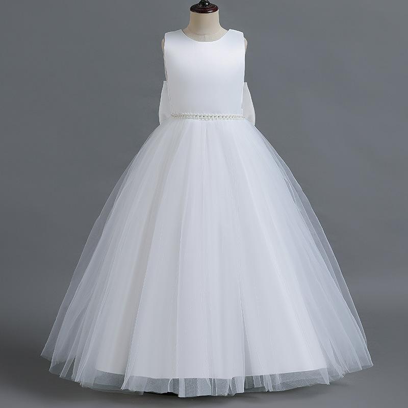 ドレス 女の子 プリンセス フォーマルワンピース ロング マキシ丈 発表会 結婚式 パーティー オールシーズン 韓国 チュチュ チュールスカート ボリューム リボン かわいい スイート 白 ダスティピンク ノースリーブ 裏地あり ポリエステル 子供服