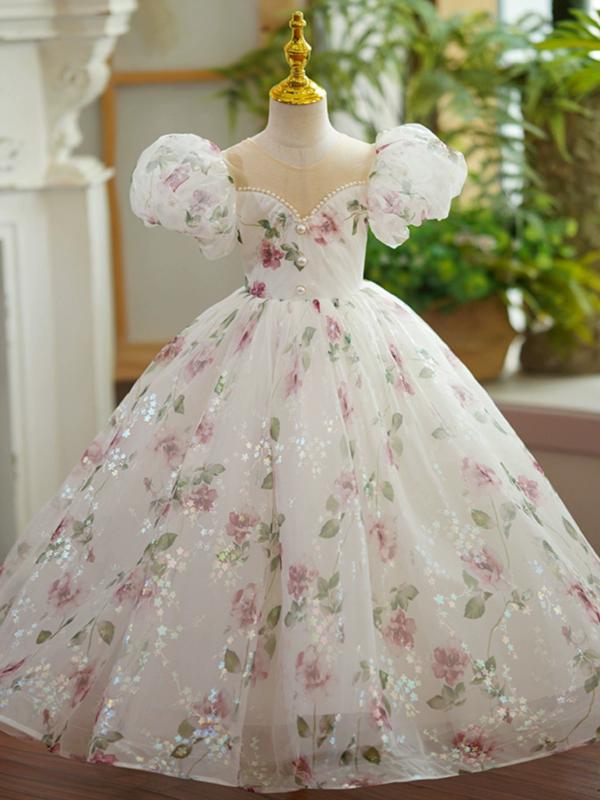 ドレス 女の子 キッズ 子供 ワンピース ロング丈 マキシ丈 花柄 フラワー 妖精 プリンセス フォーマル 発表会 結婚式 誕生日 プリーツ 豪華 かわいい 上品 華やか ポリエステル オールシーズン カラフル エレガント Aライン フリル チュール レ｜フロントップ店
