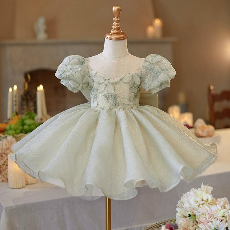 ドレス 女の子 子供用 キッズ 発表会 結婚式 誕生日 ワンピース ジュニア フォーマル チュール プリンセス パニエ フレア かわいい 上品 フルーツグリーン 豪華 オールシーズン ポリエステル 膝丈 フリル シフォン
